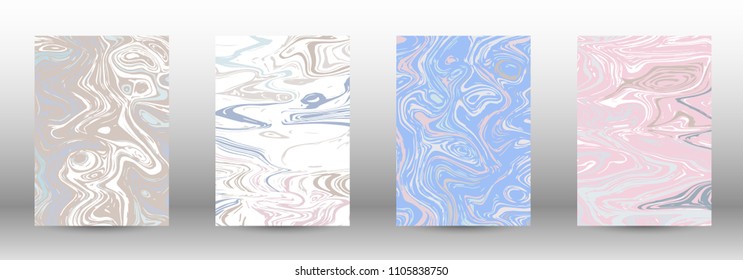  A set of modern covers. Abstract marble pattern. Light blue, beige, pink, white pattern with lava figures. An illustration consisting of blurred lines, circles. Template for your business design.