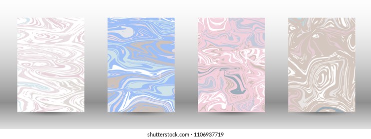  A set of modern covers. Abstract marble pattern. Light blue, beige, pink, white pattern with lava figures. An illustration consisting of blurred lines, circles. Template for your business design.