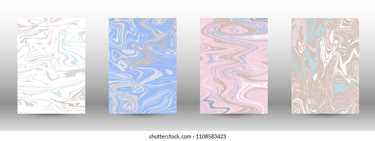  A set of modern covers. Abstract marble pattern. Light blue, beige, pink, white pattern with lava figures. An illustration consisting of blurred lines, circles. Template for your business design.