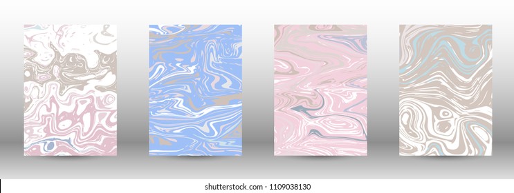  A set of modern covers. Abstract marble pattern. Light blue, beige, pink, white pattern with lava figures. An illustration consisting of blurred lines, circles. Template for your business design.