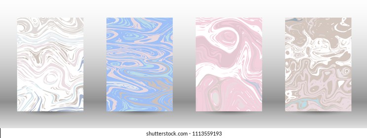 A set of modern covers. Abstract marble pattern. Light blue, beige, pink, white pattern with lava figures. An illustration consisting of blurred lines, circles. Template for your business design.