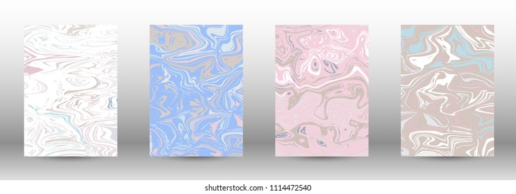  A set of modern covers. Abstract marble pattern. Light blue, beige, pink, white pattern with lava figures. An illustration consisting of blurred lines, circles. Template for your business design.