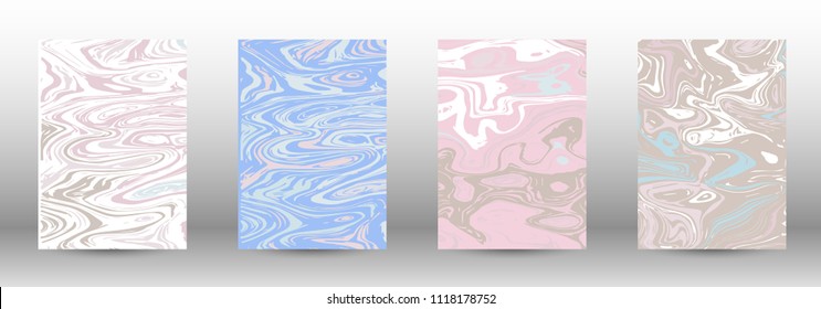  A set of modern covers. Abstract marble pattern. Light blue, beige, pink, white pattern with lava figures. An illustration consisting of blurred lines, circles. Template for your business design.