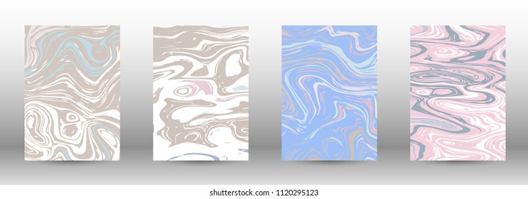  A set of modern covers. Abstract marble pattern. Light blue, beige, pink, white pattern with lava figures. An illustration consisting of blurred lines, circles. Template for your business design.