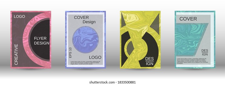  A set of modern covers. Abstract marble pattern. Blue, yellow, pink, green pattern with lava shapes. The illustration, consisting of blurred lines, circles. Template for your business design.