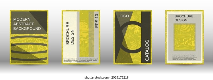 A set of modern covers. Abstract marble pattern. Yellow pattern with lava forms. A colorful psychedelic background made from intertwined curved shapes.