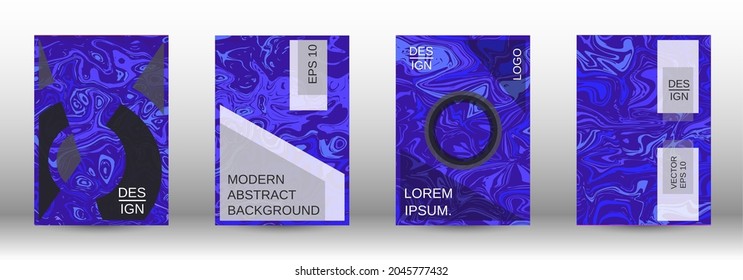 Un conjunto de cubiertas modernas. Patrón abstracto de mármol. Patrón azul con formas de lava. Ilustración brillante compuesta de líneas borrosas, círculos. Plantilla para el diseño de su negocio.
