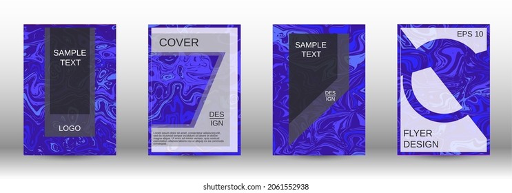 A set of modern covers. Abstract marble pattern. Blue pattern with lava forms. Shining illustration consisting of blurred lines, circles. Template for your business design.