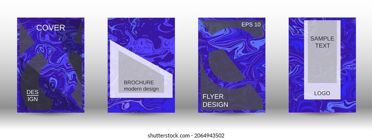 A set of modern covers. Abstract marble pattern. Blue pattern with lava forms. Shining illustration consisting of blurred lines, circles. Template for your business design.