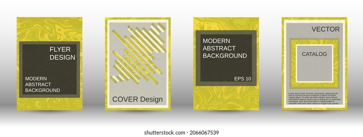 A set of modern covers. Abstract marble pattern. Yellow pattern with lava forms. A colorful psychedelic background made from intertwined curved shapes.