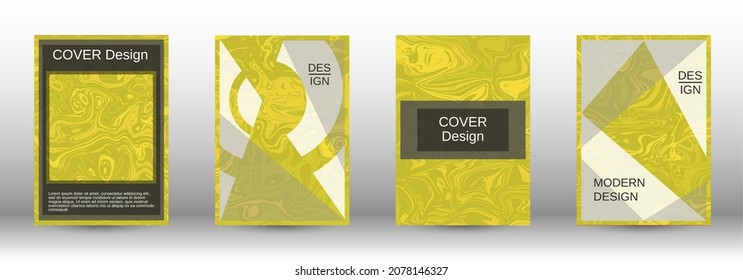 A set of modern covers. Abstract marble pattern. Yellow pattern with lava forms. A colorful psychedelic background made from intertwined curved shapes.