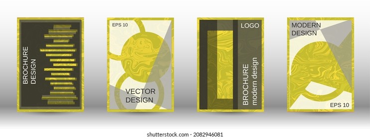 A set of modern covers. Abstract marble pattern. Yellow pattern with lava forms. A colorful psychedelic background made from intertwined curved shapes.