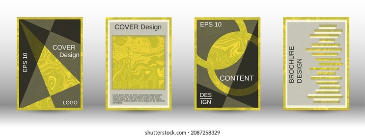 A set of modern covers. Abstract marble pattern. Yellow pattern with lava forms. A colorful psychedelic background made from intertwined curved shapes.
