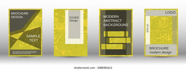 A set of modern covers. Abstract marble pattern. Yellow pattern with lava forms. A colorful psychedelic background made from intertwined curved shapes.