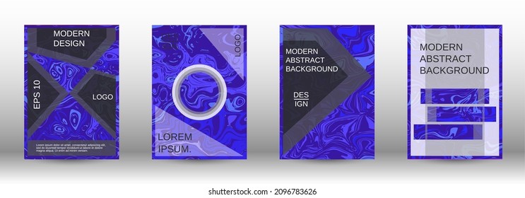 A set of modern covers. Abstract marble pattern. Blue pattern with lava forms. Shining illustration consisting of blurred lines, circles. Template for your business design.
