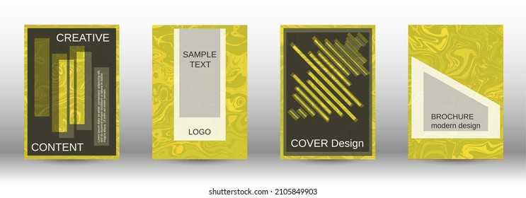 A set of modern covers. Abstract marble pattern. Yellow pattern with lava forms. A colorful psychedelic background made from intertwined curved shapes.