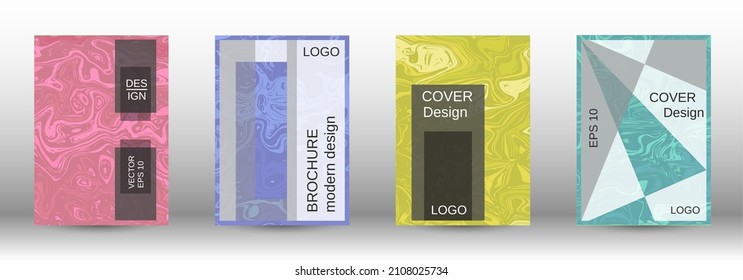  Un conjunto de cubiertas modernas. Patrón abstracto de mármol. Patrón azul, amarillo, rosa, verde con formas de lava. La ilustración, que consiste en líneas borrosas, círculos. Plantilla para el diseño de su negocio.