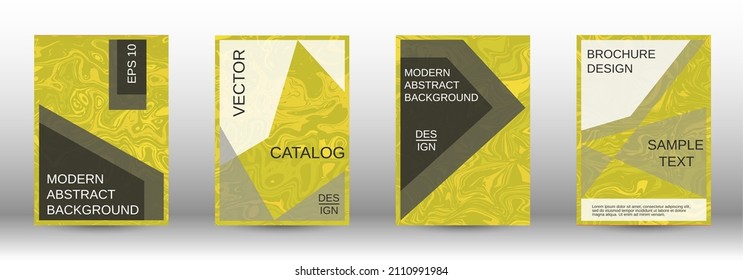 A set of modern covers. Abstract marble pattern. Yellow pattern with lava forms. A colorful psychedelic background made from intertwined curved shapes.