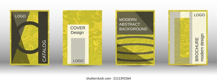 A set of modern covers. Abstract marble pattern. Yellow pattern with lava forms. A colorful psychedelic background made from intertwined curved shapes.