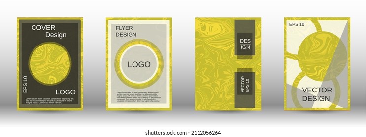 A set of modern covers. Abstract marble pattern. Yellow pattern with lava forms. A colorful psychedelic background made from intertwined curved shapes.