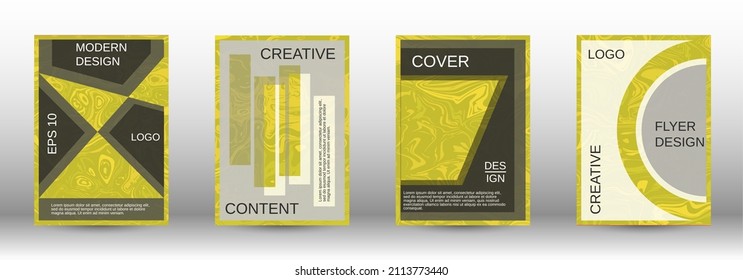 A set of modern covers. Abstract marble pattern. Yellow pattern with lava forms. A colorful psychedelic background made from intertwined curved shapes.