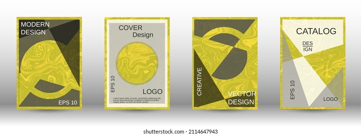 A set of modern covers. Abstract marble pattern. Yellow pattern with lava forms. A colorful psychedelic background made from intertwined curved shapes.