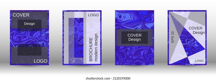 A set of modern covers. Abstract marble pattern. Blue pattern with lava forms. Shining illustration consisting of blurred lines, circles. Template for your business design.