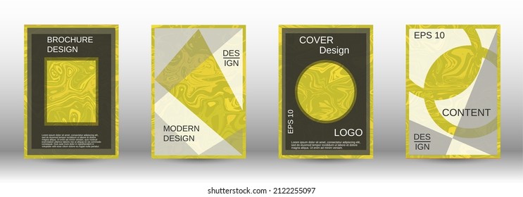 A set of modern covers. Abstract marble pattern. Yellow pattern with lava forms. A colorful psychedelic background made from intertwined curved shapes.