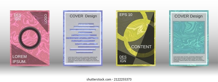  A set of modern covers. Abstract marble pattern. Blue, yellow, pink, green pattern with lava shapes. The illustration, consisting of blurred lines, circles. Template for your business design.
