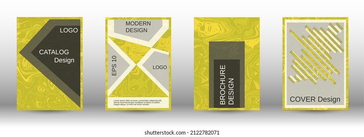 A set of modern covers. Abstract marble pattern. Yellow pattern with lava forms. A colorful psychedelic background made from intertwined curved shapes.