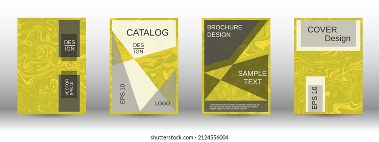 A set of modern covers. Abstract marble pattern. Yellow pattern with lava forms. A colorful psychedelic background made from intertwined curved shapes.