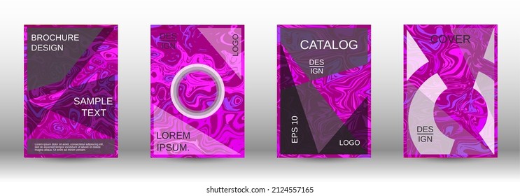 Un conjunto de cubiertas modernas. Patrón abstracto de mármol. Patrón magenta con formas de lava. Un colorido fondo psicodélico hecho de formas curvadas entrelazadas.