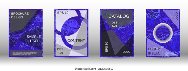 A set of modern covers. Abstract marble pattern. Blue pattern with lava forms. Shining illustration consisting of blurred lines, circles. Template for your business design.