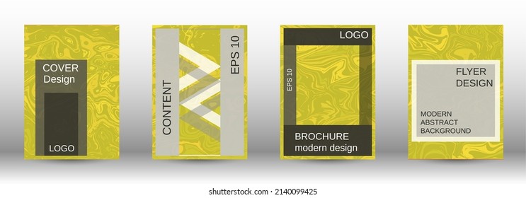 Un conjunto de cubiertas modernas. Patrón abstracto de mármol. Patrón amarillo con formas de lava. Un colorido fondo psicodélico hecho de formas curvadas entrelazadas.