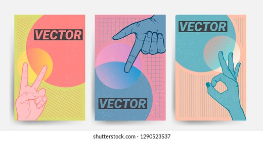 Set of Modern covers design. Contemporary art collage, Paper cutouts, Noise and Grain textures, Hand gestures. Applicable for Banners, Placards, Posters, Flyers. Eps10 Vector.