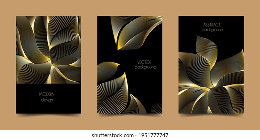 Conjunto de cubiertas modernas. Patrón lineal ondulado dinámico en color oro sobre negro. Diseño vectorial mínimo para antecedentes empresariales, certificado, plantilla de folleto, folleto, medios sociales. Lugar para el texto