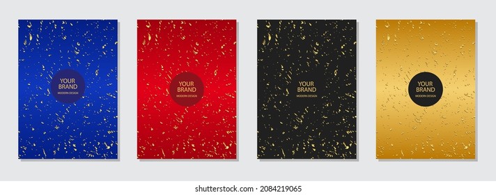 Set of modern covers. Geometric pattern, collection of colorful backgrounds, glitter grunge texture. Vertical templates for business background, magazine layout, brochure, booklet.