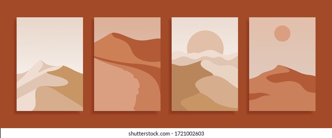 Set of modern covers in terracotta colors. Collection of Desert landscape backgrounds. Vector design template.