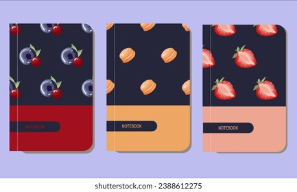 A set of modern covers and title pages. Versatile design for notepads, planners and cover sheets. Vector design with macarons, strawberries and blueberries.