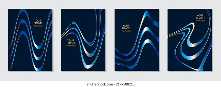 Conjunto de cubiertas modernas, plantillas vectoriales verticales. Fondo azul oscuro con un patrón geométrico 3d de rayas onduladas. Colección creativa para antecedentes empresariales, folleto, folleto, volante, presentaciones.