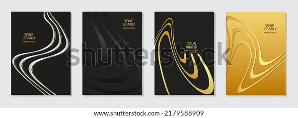 Set of modern covers, vertical vector templates.\
Backgrounds with 3d geometric pattern of wavy white, black, gold\
stripes. Creative collection for business background, brochure,\
booklet, flyer.