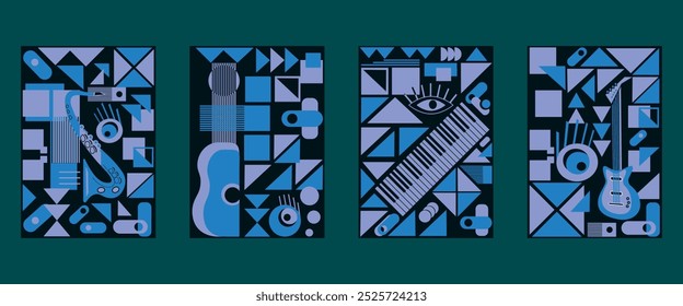 Conjunto de capas modernas. Fundo geométrico minimalista. Cartazes de jazz abstratos e modelos de folhetos para projetos de design gráfico