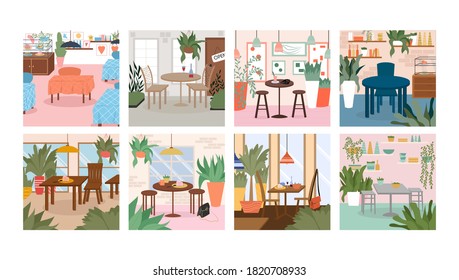 Set of modern and cozy cafe or restaurant interiors design. Vector flat illustration of modern cafe interior with home plants, furniture, plants, and decorations. Cute restaurant for website design.