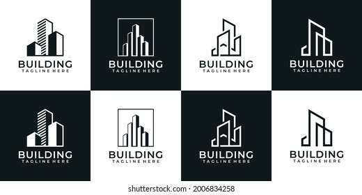 Set of modern creative architecture building logo vector for property apartment. Logo can be used for icon, brand, identity, symbol, residential, finance, real estate, collection, and realty