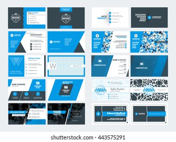 Set of modern creative business card templates. Blue and black colors. Flat style vector illustration. Stationery design