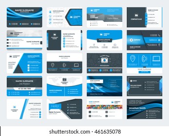 Set of modern creative business card templates. Blue and black colors. Flat style vector illustration. Stationery design