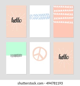 Set of Modern Creative Cards with Hand Drawn Ethnic Shapes Made with Ink. Retro Template for Placards, Posters, Flayers and Banner Designs.