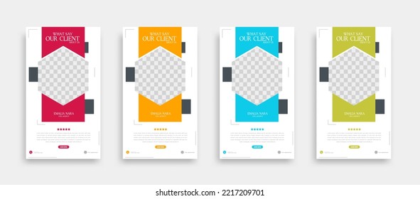 set of modern and creative client testimonial social media post and story design. customer service feedback review social media post or web banner vector template.