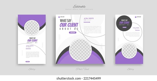 set of modern and creative client testimonial social media post and story design. customer service feedback review social media post or web banner vector template.
