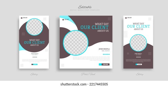 set of modern and creative client testimonial social media post and story design. customer service feedback review social media post or web banner vector template.